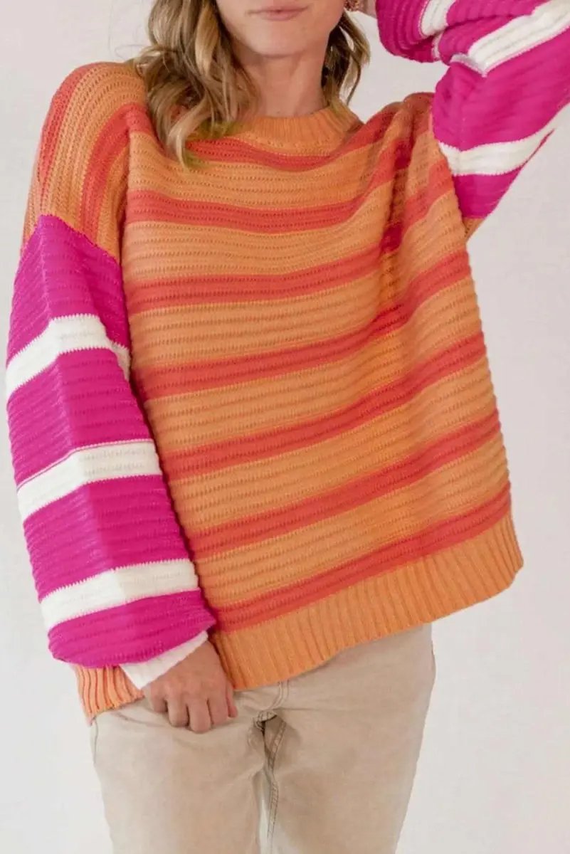 Striped Round Neck Long Sleeve Sweater - Love Salve